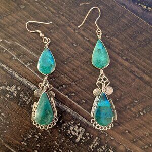 Green Blue Teardrop Dangle Earrings Filigree Wire Wrapped Natural Stone Boho